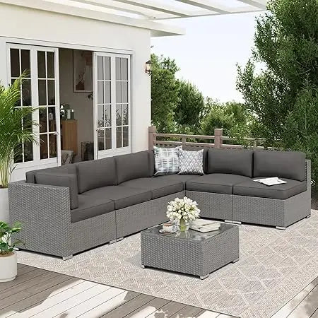 7-Piece Outdoor Patio Furniture Sofa Set Black Rattan Wicker Sectional with Glass Top Table and Cushions(Red)