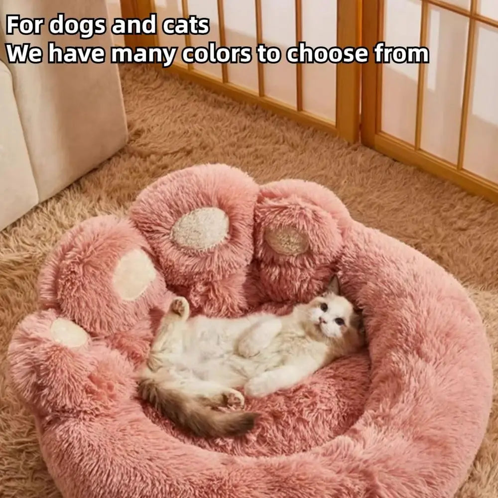 Round Calming Dog Bed of Paw Shape, Pet Large Plush Dog Donut Bed for Small Medium Large Breed Dog, Soft and Cozy Doggie Bed, C