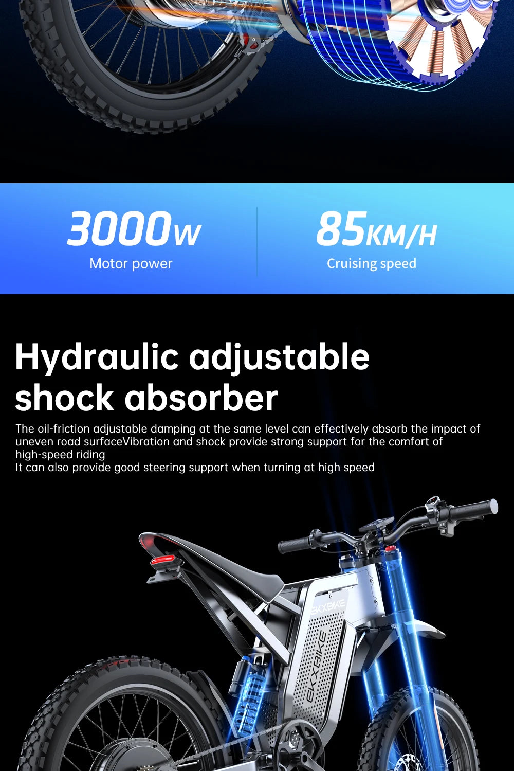 Adult Off Road Electric Bicycle 3000W Motors 60V30AH Lithium Battery Speed 85Kmh