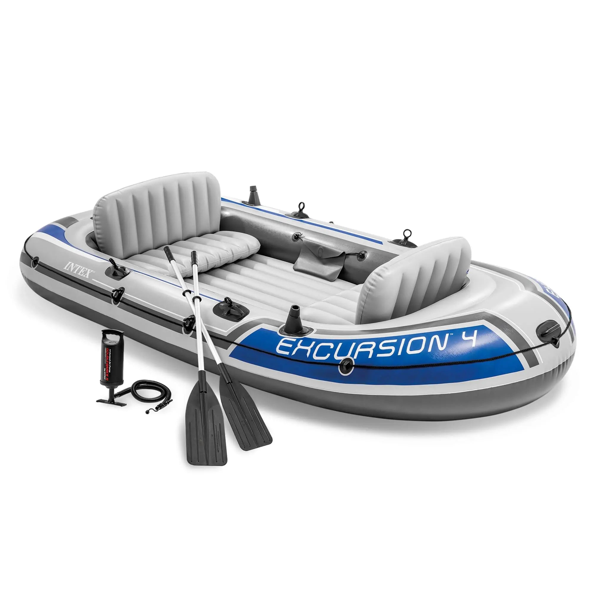 Excursion 4 Inflatable Boat Set: With 54in Boat Oars and High-Output Pump – Adjustable Seats