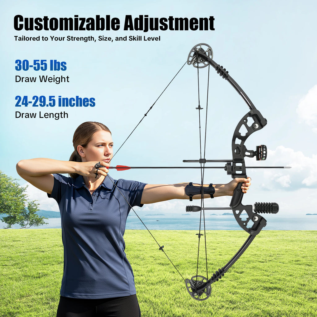 Compound Bow Arrow Set 30-55lb Adjustable Draw Length 24-29.5" w/12 Arrows