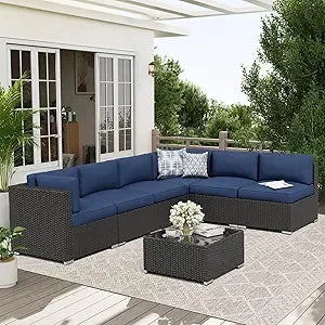 7-Piece Outdoor Patio Furniture Sofa Set Black Rattan Wicker Sectional with Glass Top Table and Cushions(Red)