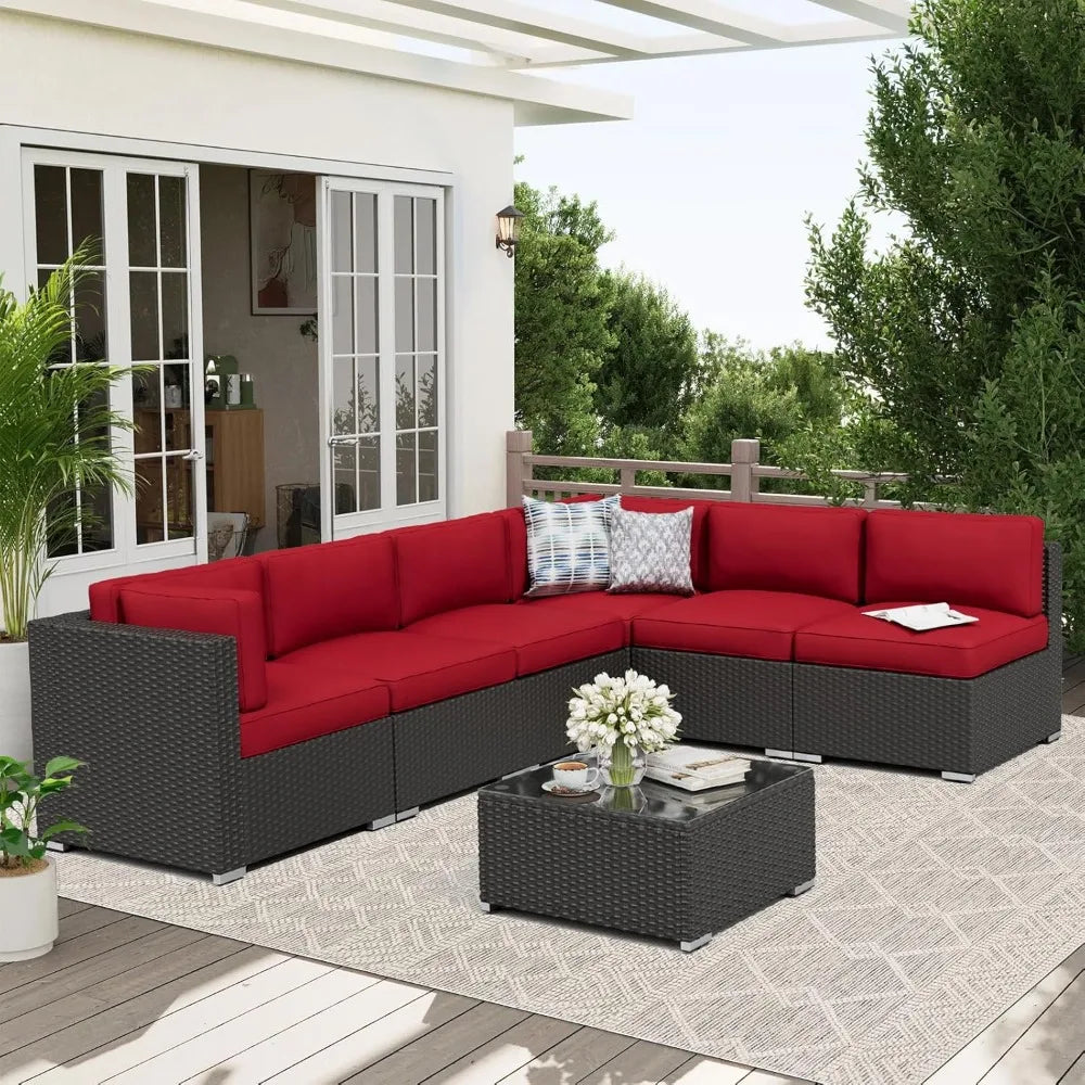 7-Piece Outdoor Patio Furniture Sofa Set Black Rattan Wicker Sectional with Glass Top Table and Cushions(Red)
