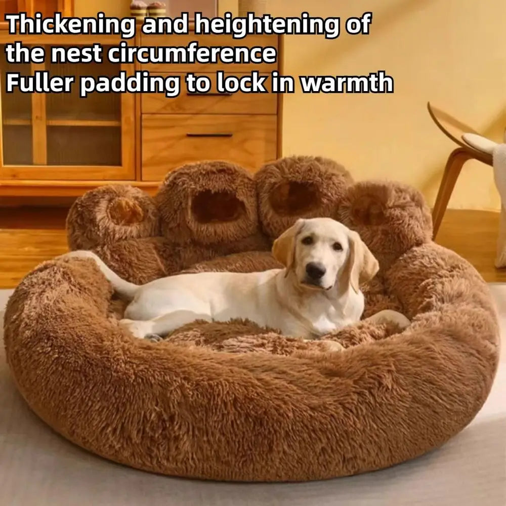 Round Calming Dog Bed of Paw Shape, Pet Large Plush Dog Donut Bed for Small Medium Large Breed Dog, Soft and Cozy Doggie Bed, C