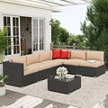7-Piece Outdoor Patio Furniture Sofa Set Black Rattan Wicker Sectional with Glass Top Table and Cushions(Red)