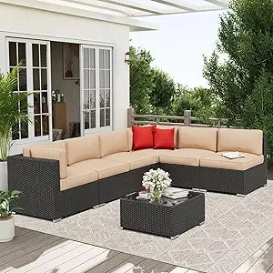 7-Piece Outdoor Patio Furniture Sofa Set Black Rattan Wicker Sectional with Glass Top Table and Cushions(Red)