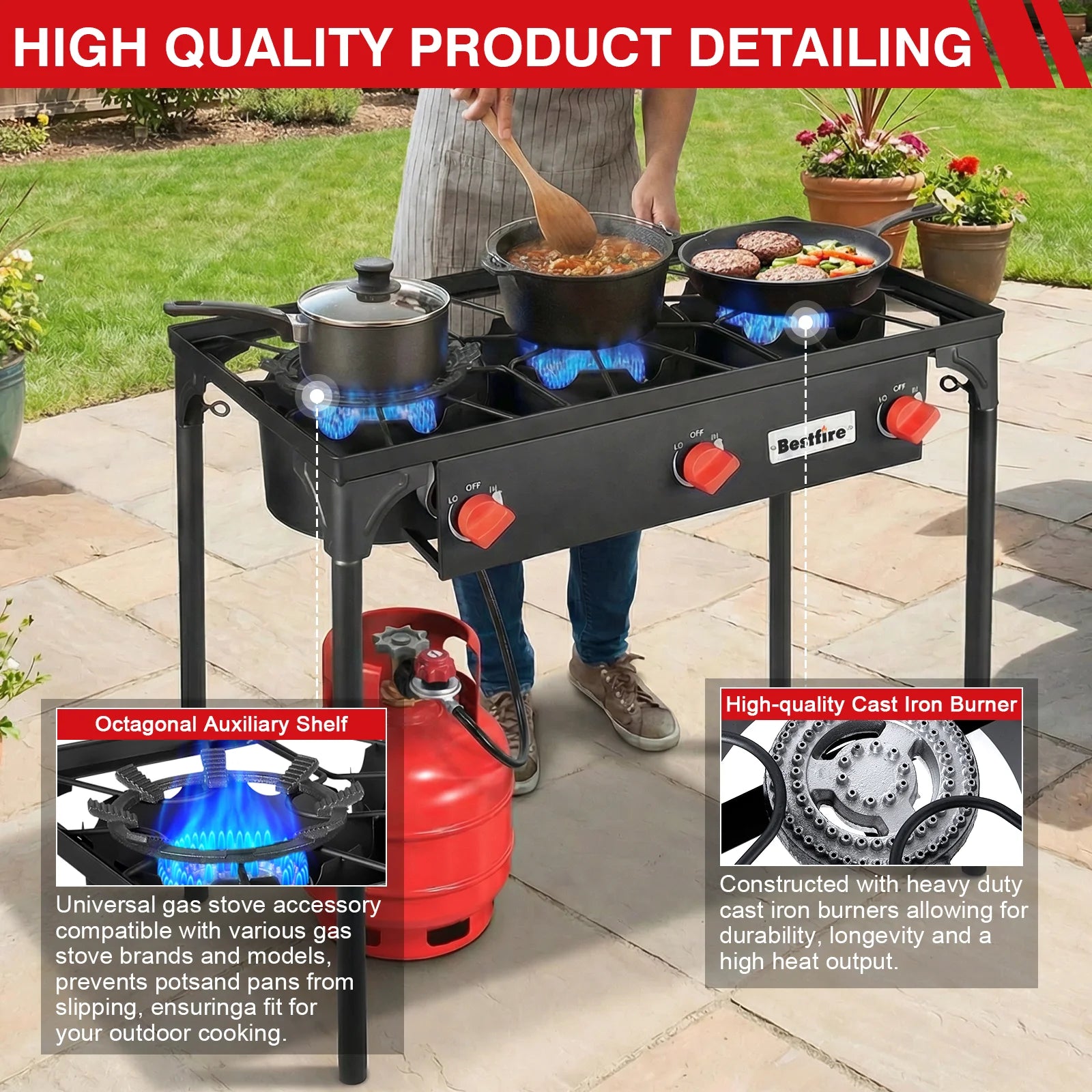 3 Burner Propane Camping Stove with Removable Legs Adjustable Regulator