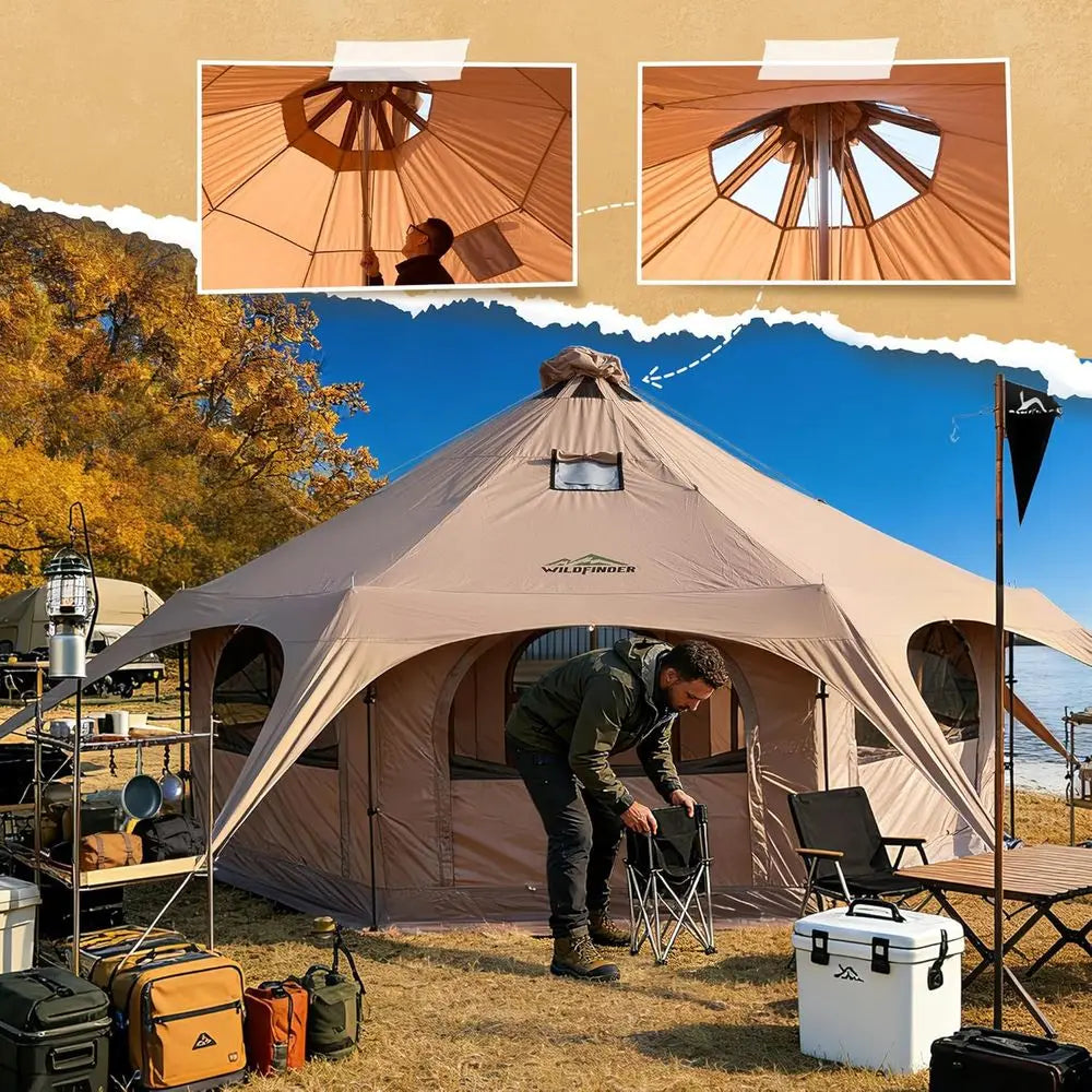 4-Season Waterproof Yurt Tent with 8 Mesh Windows, Removable Floor