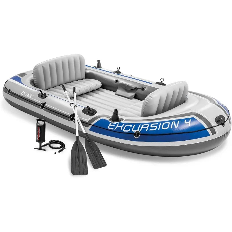 Excursion 4 Inflatable Boat Set: With 54in Boat Oars and High-Output Pump – Adjustable Seats