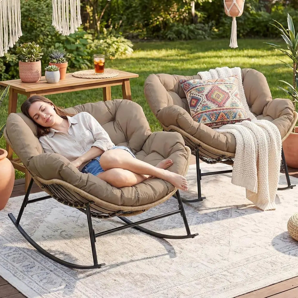 Oversized 2-Person Wicker Rocking Chair Set with Cushions indoor or outdoor