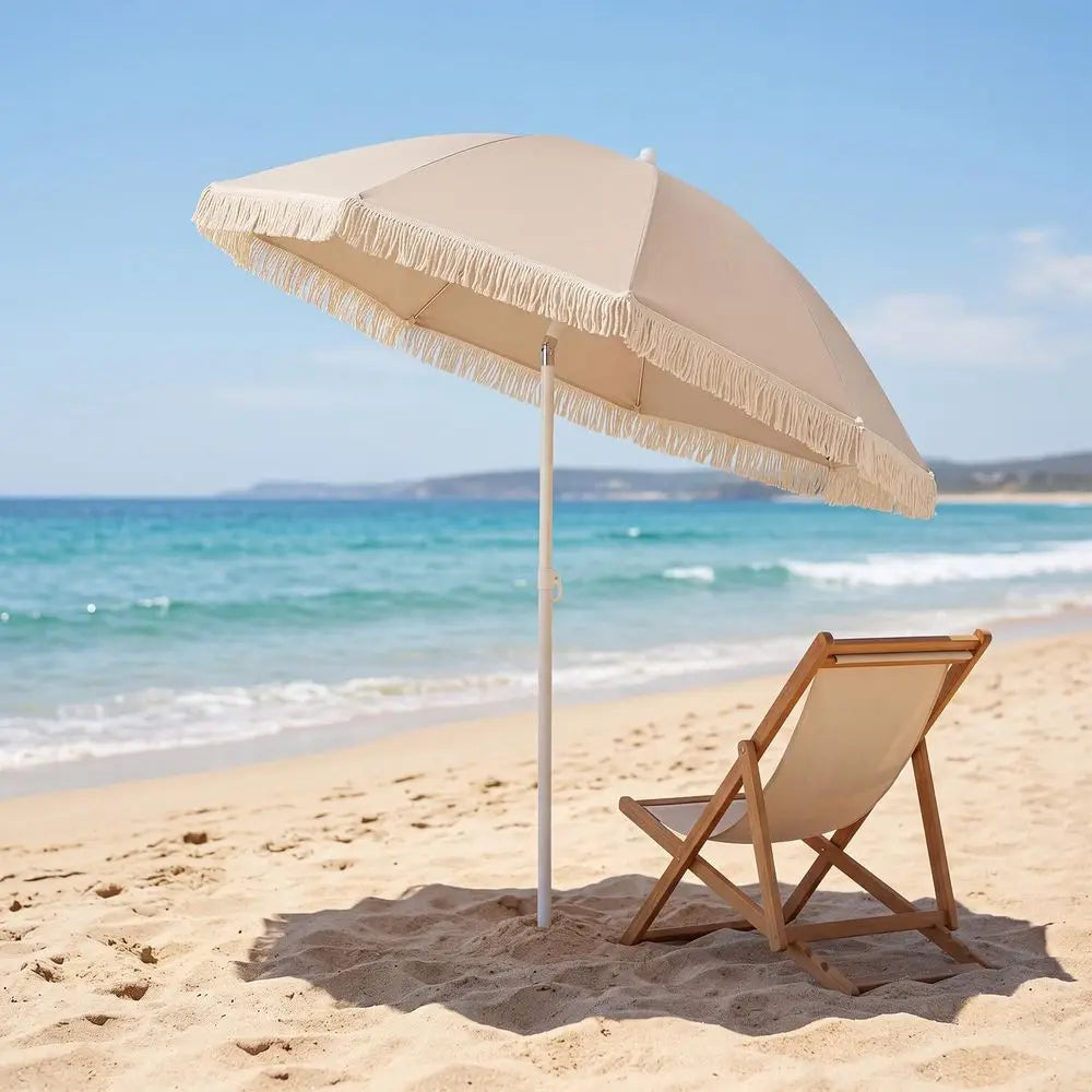 7FT Beach Umbrella with Fringe, Outdoor Boho Umbrella with Tassels, Push Button Tilt, Sand Anchor, 16 Ribs, Vintage Patio Umbre