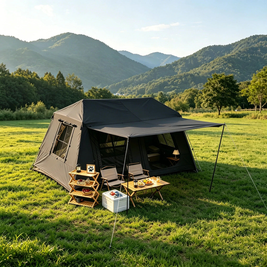 Automatic Quick-Set Outdoor Camping Tent with Front Awning; Spacious Interior Ideal for Family All-Weather