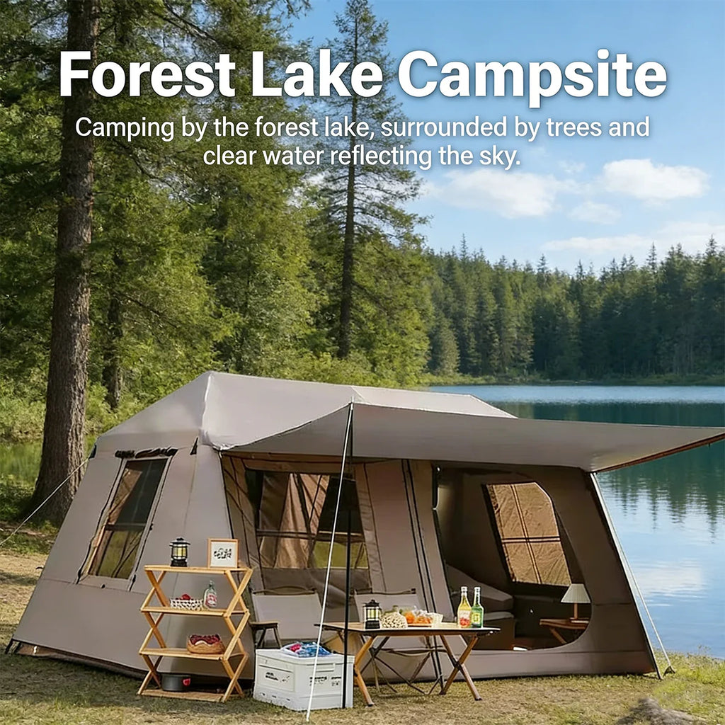 Automatic Quick-Set Outdoor Camping Tent with Front Awning; Spacious Interior Ideal for Family All-Weather