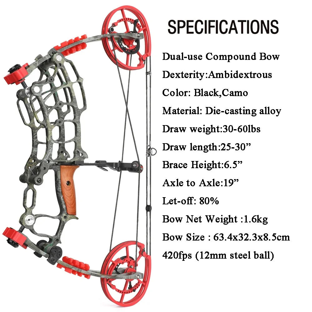 Archery Compound Dual-use Bow 30-60lbs 19" Axle 420FPS