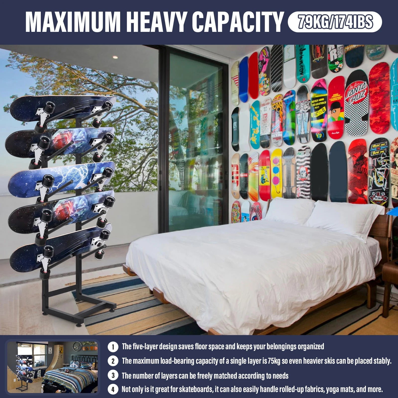 Floor Stand, 5-Layer Skateboard or Snowboard Holder