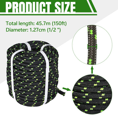 1/2 Inch Double Braided Polyester Rope 150Ft Black-Green-for Tree Climbing Rigging, Arborist