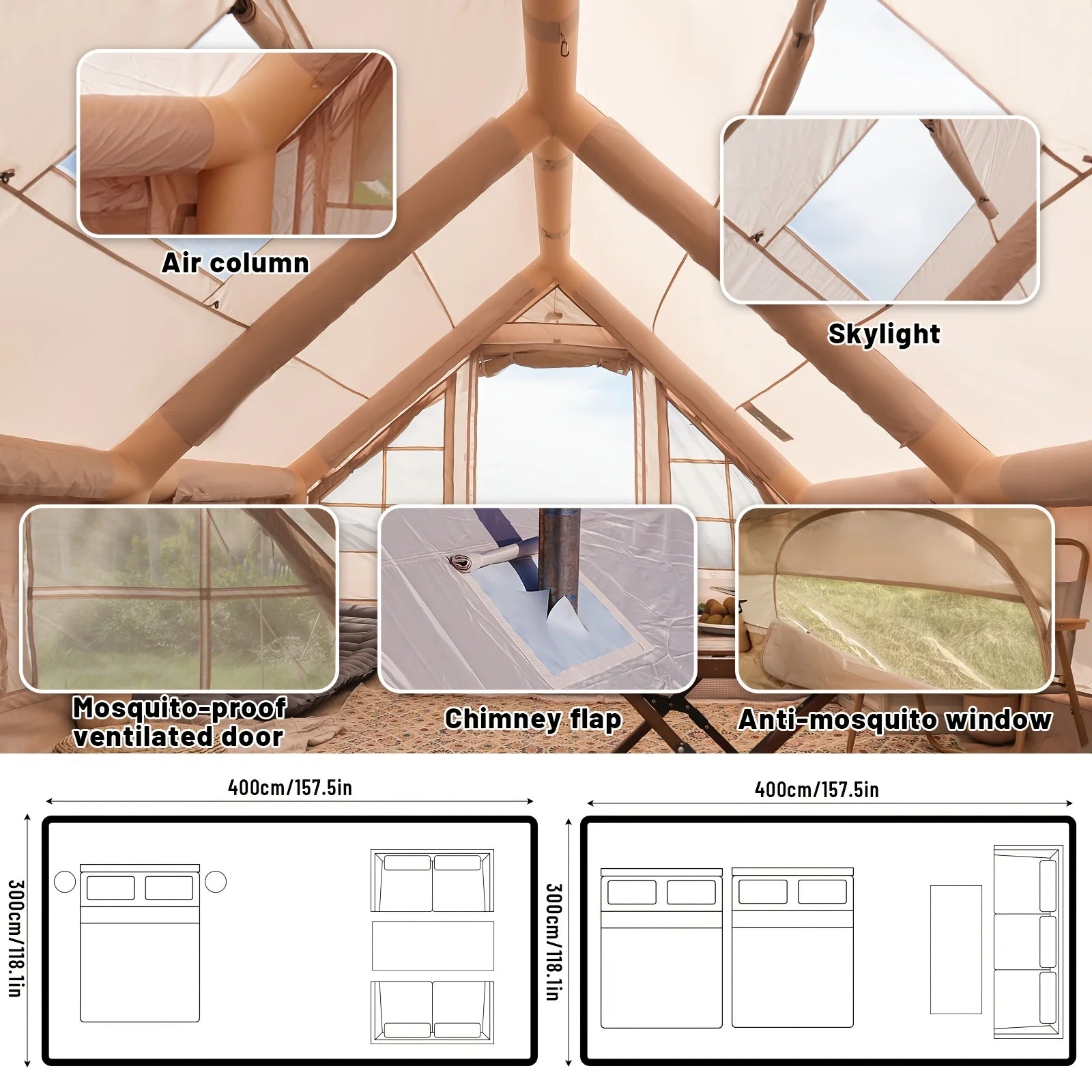 Large Inflatable Camping Tent with Skylight,  Breathable Mesh Design, Summer
