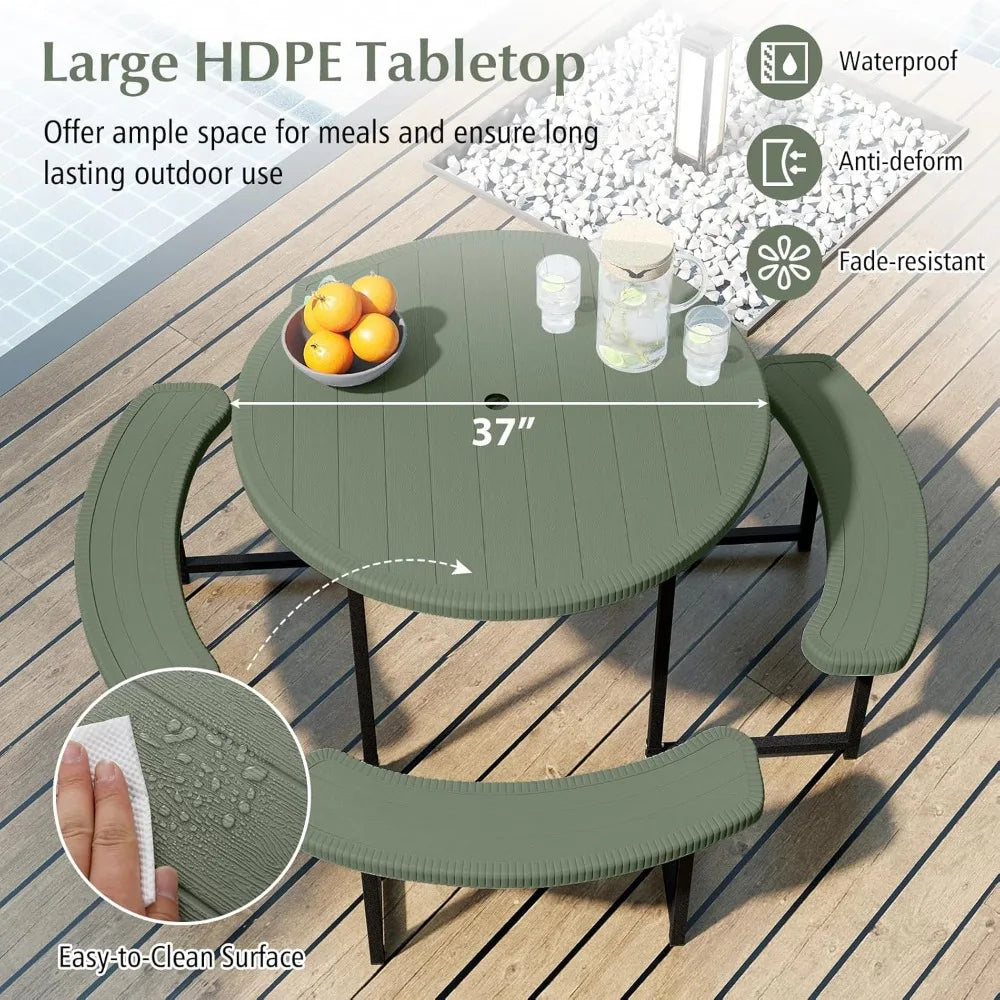 Picnic Table and Chair Set for 4-8 People, 37-inch Round Outdoor Table