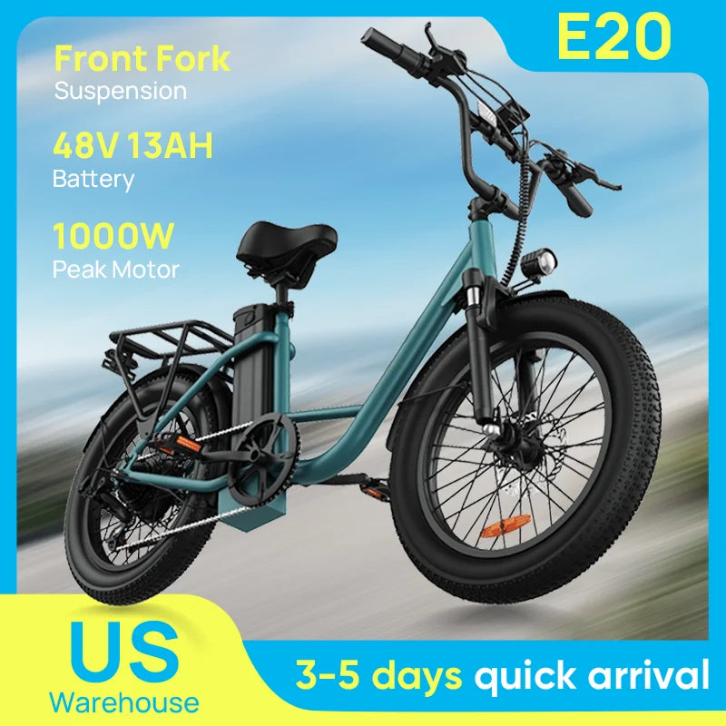 1000W E20 Electric Bike | 48V 13Ah Removable Battery, 28MPH, 7-Speed E-Bike with Dual Disc Brake