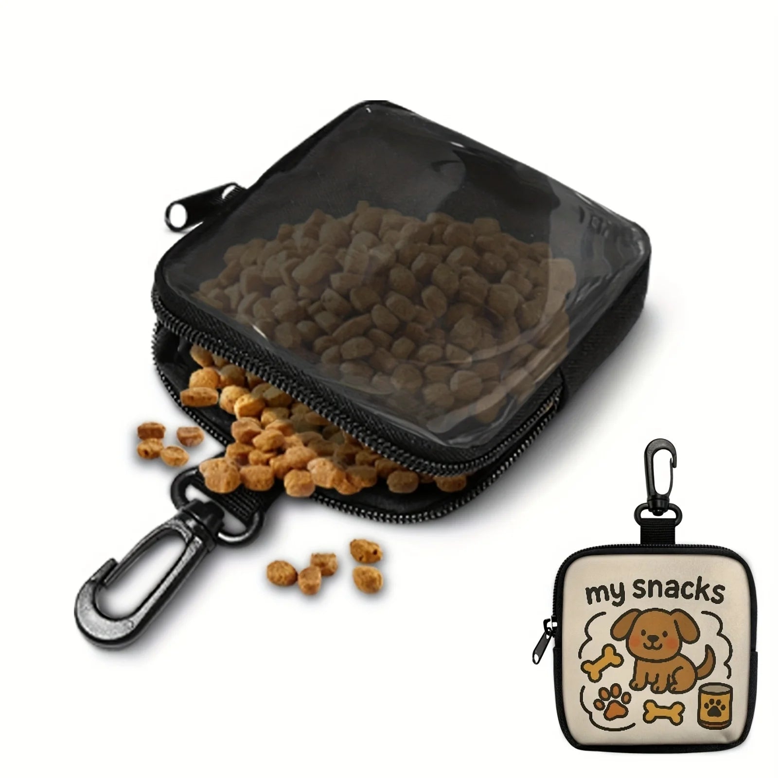 1 cute dog print dog snack bag, dog snack bag with hook and zipper, puppy training bag, dog portable snack bag