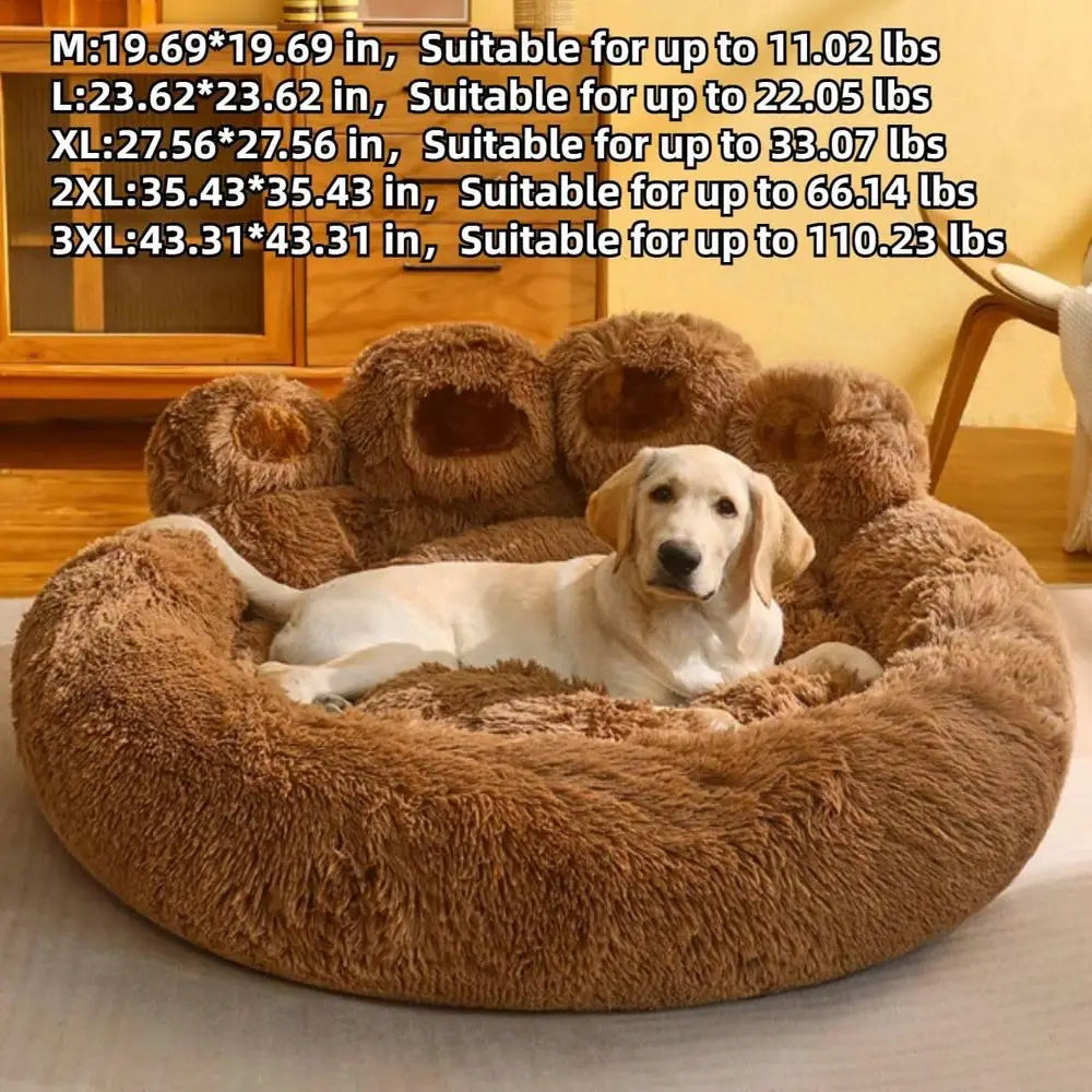 Round Calming Dog Bed of Paw Shape, Pet Large Plush Dog Donut Bed for Small Medium Large Breed Dog, Soft and Cozy Doggie Bed, C