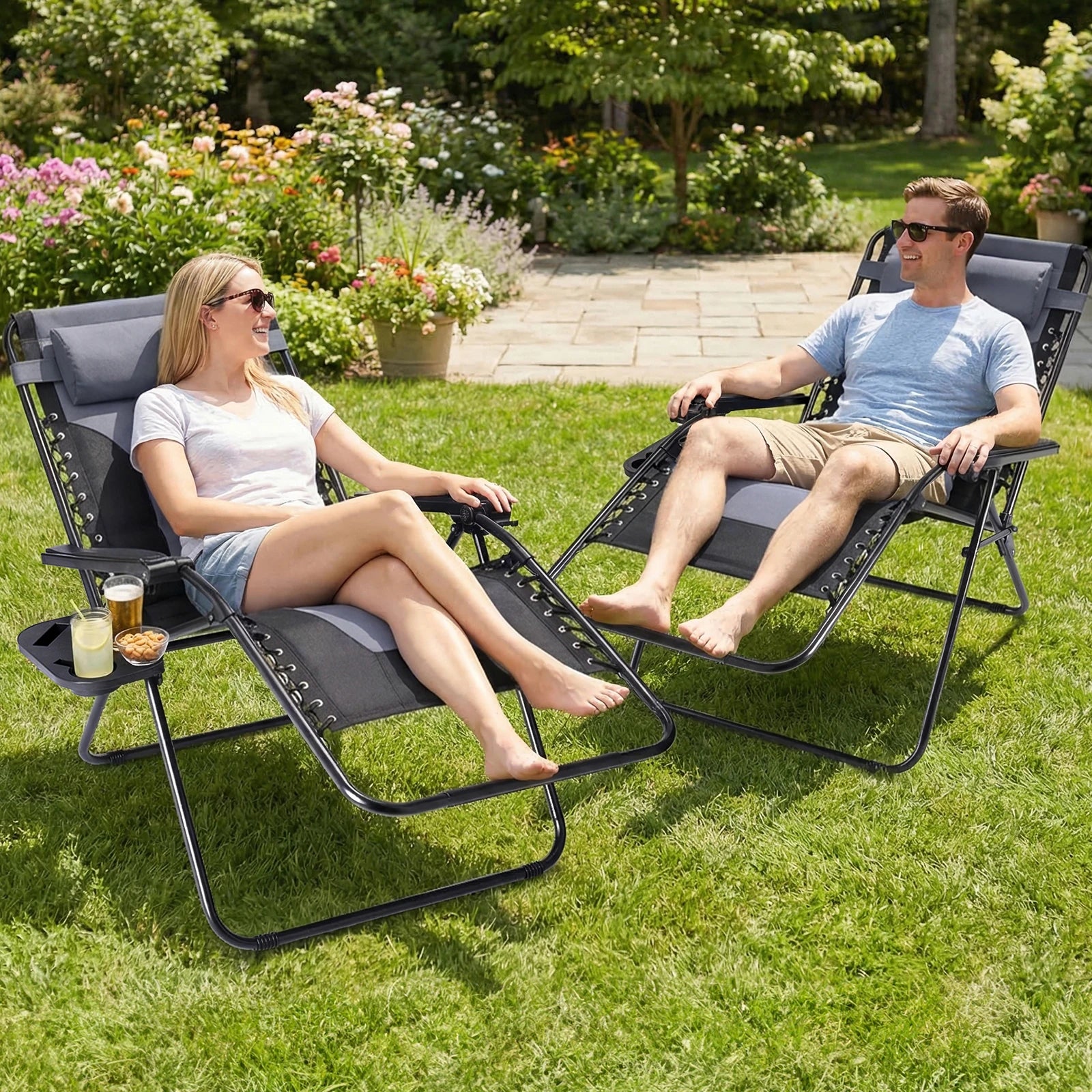 JHK Oversized Zero Gravity Cotton Padded Reclining Chair Foldable Lounge Chair with Adjustable Pillow Cup Holder For Patio