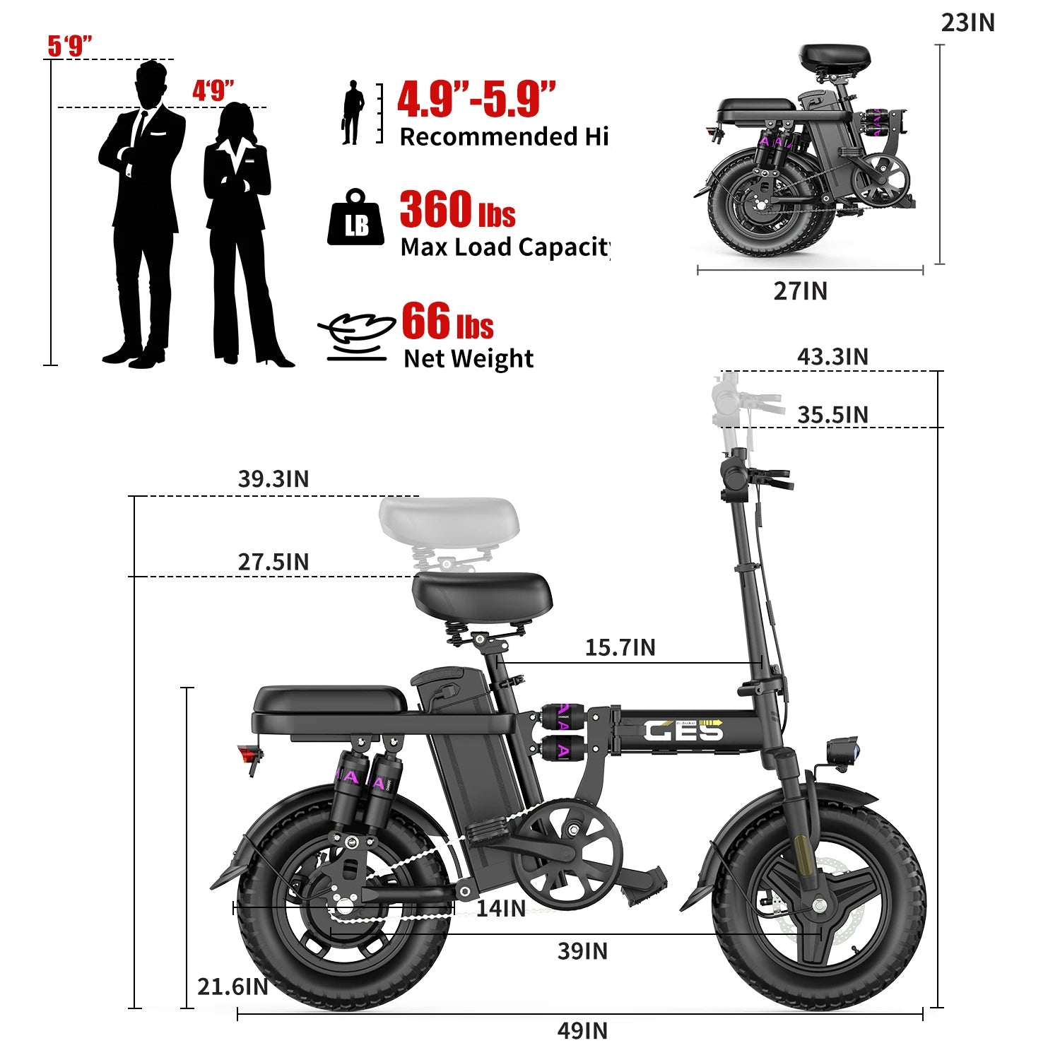 Folding Adult 500 Watt Electric Bike with 48V 15AH Removable Battery