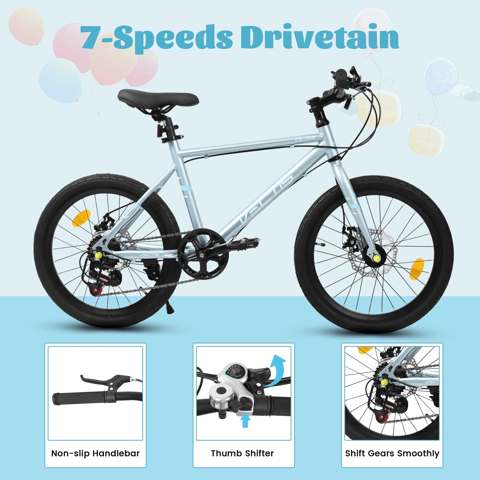 20 Inch Kids Bike for Boys Girls, 7-Speed Children Road Bike with Steel Frame and Dual Disc Brakes for Ages 6-12 Years Old