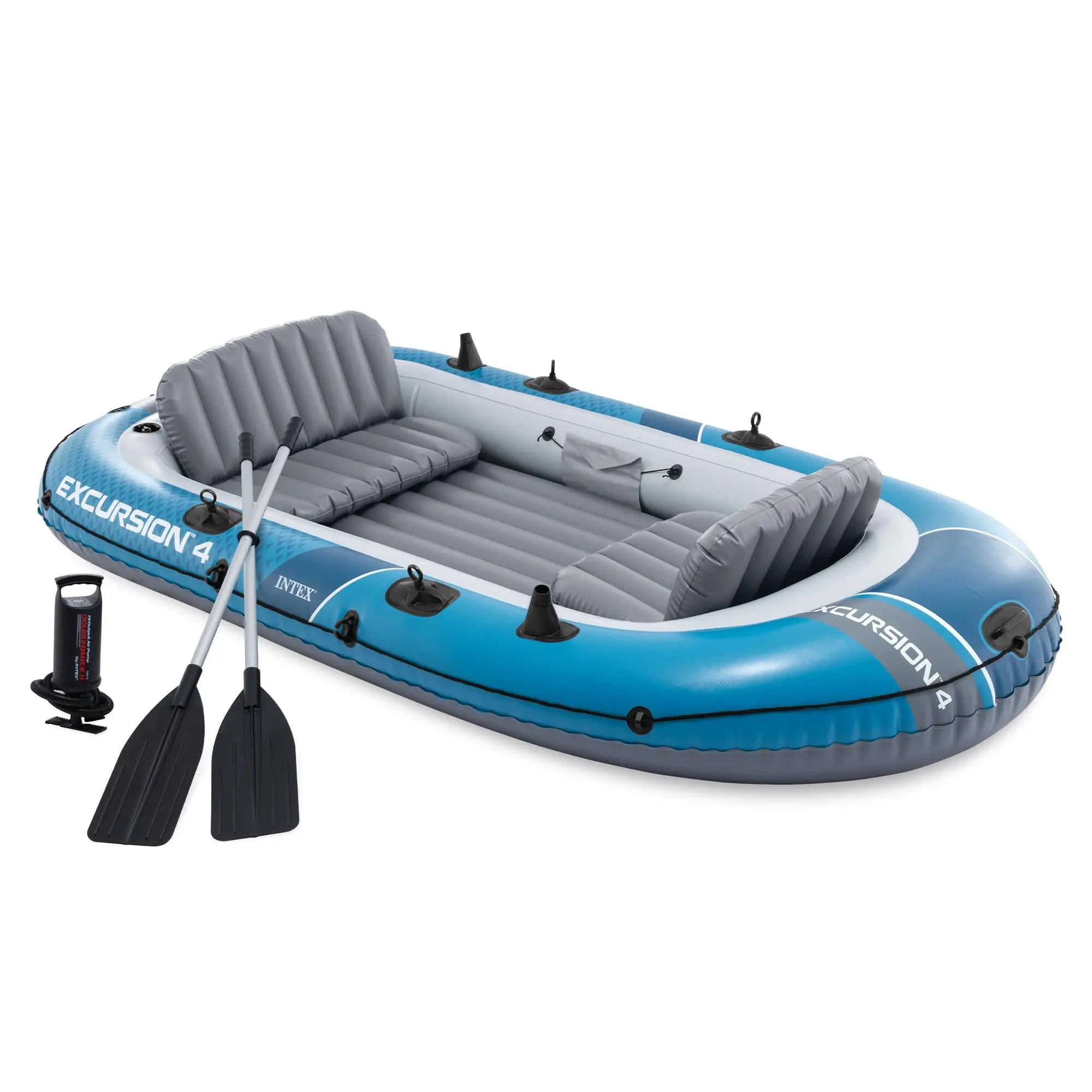 Excursion 4 Inflatable Boat Set: With 54in Boat Oars and High-Output Pump – Adjustable Seats
