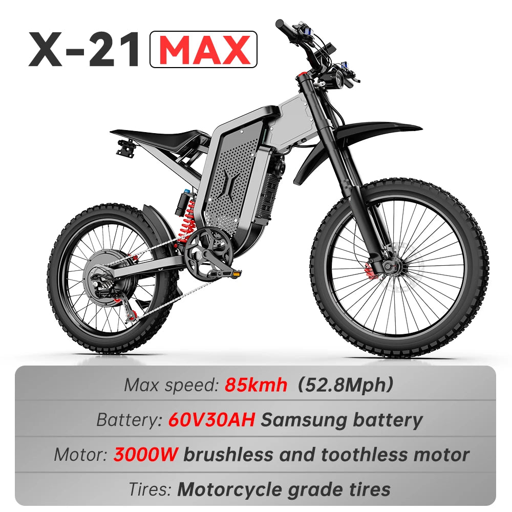 Adult Off Road Electric Bicycle 3000W Motors 60V30AH Lithium Battery Speed 85Kmh