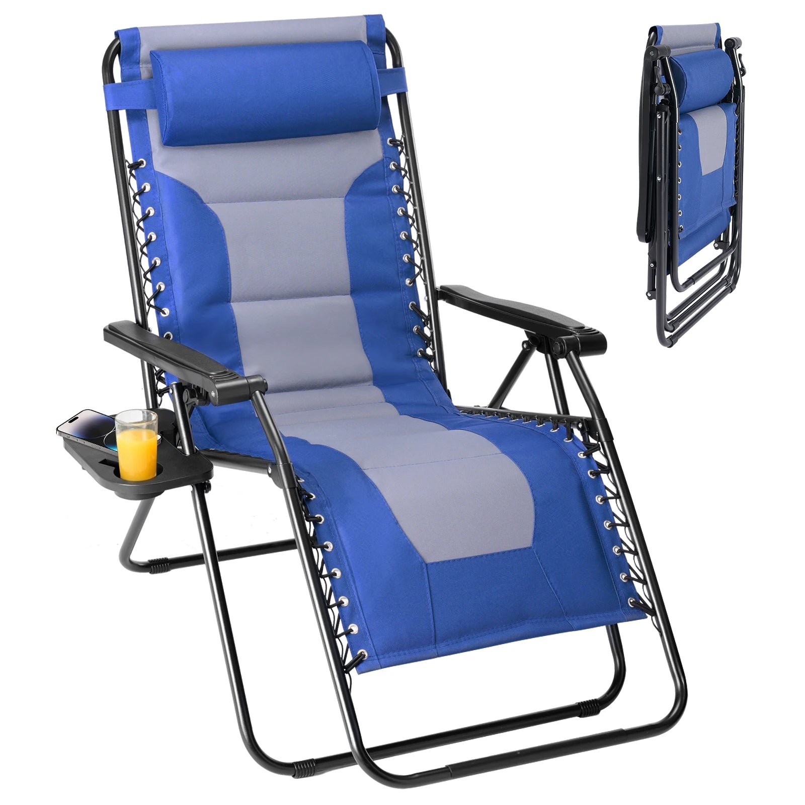 JHK Oversized Zero Gravity Cotton Padded Reclining Chair Foldable Lounge Chair with Adjustable Pillow Cup Holder For Patio