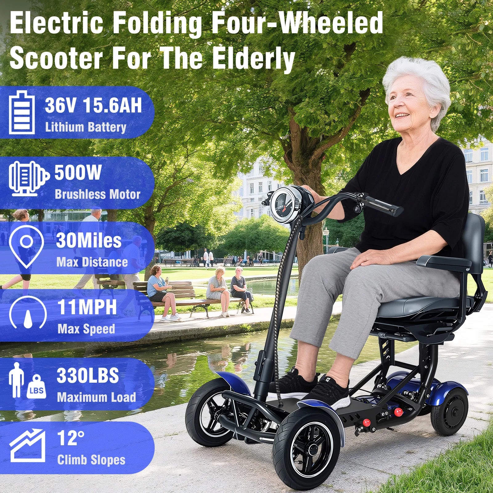 4-Wheel Folding Electric Scooter for Seniors, 750W Motor 36V15.6AH Battery