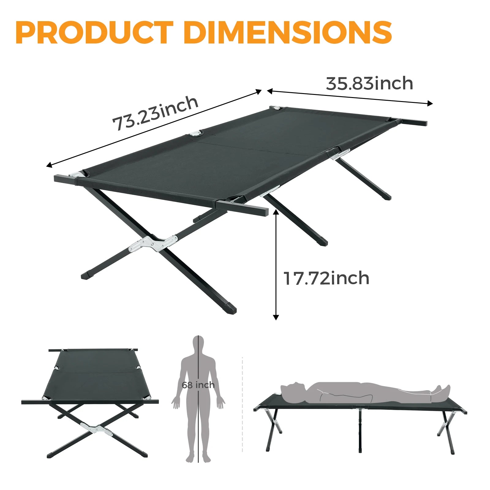 JHK Collapsible Camping Cot Lounge Chair 73" x 36" Portable Folding Sleeping Cot 300 LBS Capacity Sturdy Frame for Outdoor