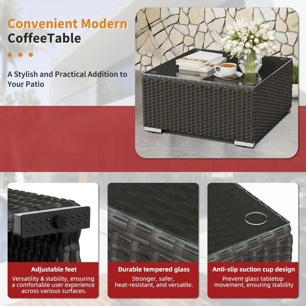 7-Piece Outdoor Patio Furniture Sofa Set Black Rattan Wicker Sectional with Glass Top Table and Cushions(Red)