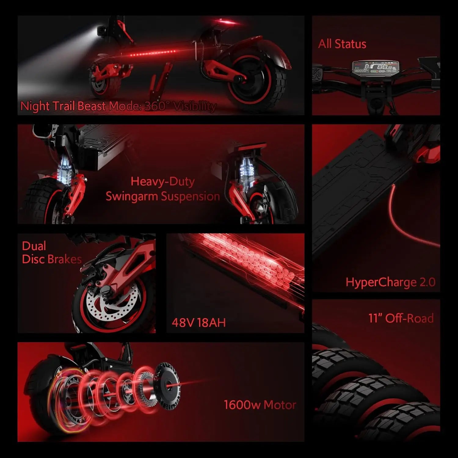 1600W Motor Adult Electric Scooter Top Speed 32MPH, 48V18AH, 11-inch Off-Road