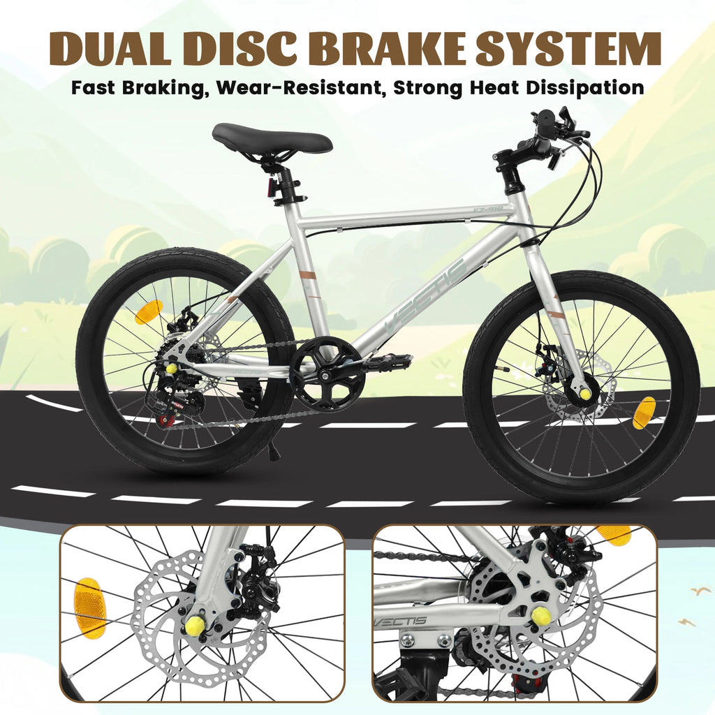 20 Inch Kids Bike for Boys Girls, 7-Speed Children Road Bike with Steel Frame and Dual Disc Brakes for Ages 6-12 Years Old