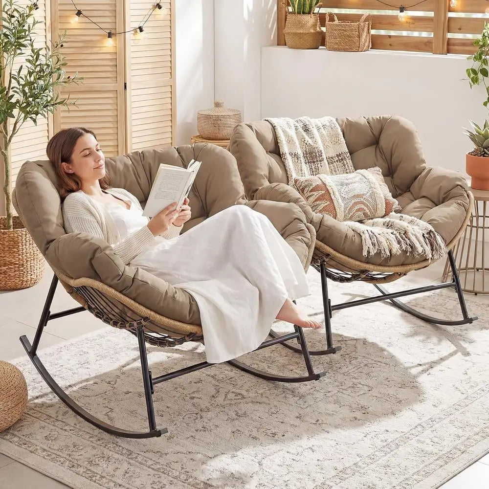 Oversized 2-Person Wicker Rocking Chair Set with Cushions indoor or outdoor