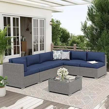 7-Piece Outdoor Patio Furniture Sofa Set Black Rattan Wicker Sectional with Glass Top Table and Cushions(Red)
